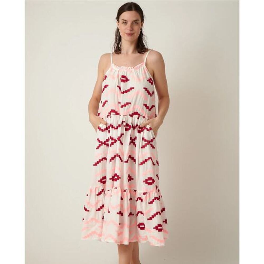 GREEK ARCHAIC KORI Dress Small NWOT Midi Geometric‎ Strap Embroidered Drop Waist